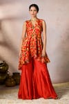 Masaba_Red Raw Silk Printed Gota V Neck Nomadic Tribe Asymmetric Tunic And Sharara Set _Online_at_Aza_Fashions