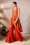 Buy_Masaba_Red Raw Silk Printed Gota V Neck Nomadic Tribe Asymmetric Tunic And Sharara Set _Online_at_Aza_Fashions