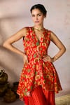 Shop_Masaba_Red Raw Silk Printed Gota V Neck Nomadic Tribe Asymmetric Tunic And Sharara Set _Online_at_Aza_Fashions