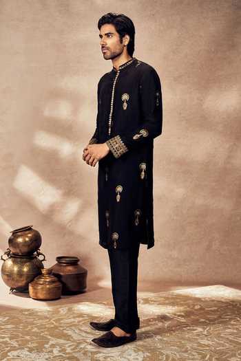 Royal Kurta - Completo Kurta Pigiama Uomo In Seta Jacquard Ricamata, Colore Oro, Vestibilità Regolare
