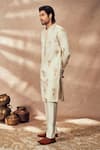 Masaba_Ivory Jacquard Silk Embroidered Thread Travellers Kurta _Online_at_Aza_Fashions