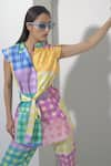 Pop Sugar_Multi Color 100% Cotton Printed Checks Closed Round Vibrant Top With Pant _Online_at_Aza_Fashions