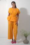 Buy_Pop Sugar_Orange 100% Cotton Solid Round Sunkissed Pleated Top With Pant _at_Aza_Fashions