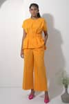 Pop Sugar_Orange 100% Cotton Solid Round Sunkissed Pleated Top With Pant _Online_at_Aza_Fashions