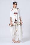 Buy_MINAXI DADOO_Ivory Dupion Embroidered Thread Band Collar Floral Cape And Harem Pant Set _at_Aza_Fashions