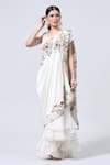 Buy_MINAXI DADOO_Ivory Dupion Embroidered Thread Layered Ruffle Pre-draped Saree With Blouse _at_Aza_Fashions