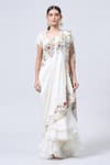 MINAXI DADOO_Ivory Dupion Embroidered Thread Layered Ruffle Pre-draped Saree With Blouse _Online_at_Aza_Fashions