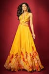 Buy_Mandira Wirk_Yellow Chiffon Printed Orchid Plunging Cutout Maxi Dress _at_Aza_Fashions