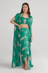 Buy_Pasha India_Green Swiss Satin Floral Blouse Sweetheart Jade Draped Skirt Set With Cape _at_Aza_Fashions