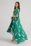 Shop_Pasha India_Green Swiss Satin Floral Blouse Sweetheart Jade Draped Skirt Set With Cape _Online_at_Aza_Fashions