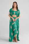 Pasha India_Green Swiss Satin Floral Blouse Sweetheart Jade Draped Skirt Set With Cape _at_Aza_Fashions