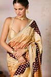 Shop_Masaba_Beige Raw Silk Print Foil Sweetheart Neck Striped Palmscape Saree With Blouse _Online_at_Aza_Fashions