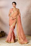 Buy_Masaba_Peach Saree Tissue And Raw Silk Printed Palm Bloom With Unstitched Blouse Piece _at_Aza_Fashions