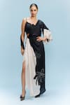 Buy_Dolly J_Black Satin Embroidered Pearl Niran One-shoulder Draped Dress With Bustier _at_Aza_Fashions