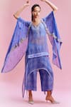 Buy_Dolly J_Blue Satin Printed Floral V Neck Iina Cape Sharara Set _at_Aza_Fashions