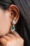 Buy_Fiona Diamonds_Green Color Stone 14kt White Gold Floral Lab Diamond Dangler Earrings _at_Aza_Fashions