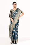 Buy_Samyukta Singhania_Blue Viscose Woven Zari V-neck Rosette Saree With Blouse _Online_at_Aza_Fashions