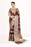 Buy_Samyukta Singhania_Maroon Viscose Woven Zari V-neck Floral Saree With Blouse _at_Aza_Fashions