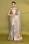 Buy_Samyukta Singhania_Grey Viscose Woven Zari Square Floral Saree With Blouse _at_Aza_Fashions