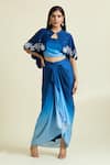 Buy_Samyukta Singhania_Blue Modal Satin Embellished Bead Cape Round Scalloped Ombre Draped Skirt Set 