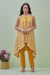 Buy_Grass & Sunshine_Yellow Chanderi Blossom Vine Open Neck Pattern Cape Pant Set _at_Aza_Fashions