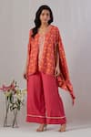 Buy_Grass & Sunshine_Red Viscose Print Wildbloom V Neck Asymmetric Kurta With Flared Pant _at_Aza_Fashions