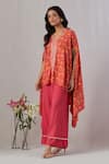 Grass & Sunshine_Red Viscose Print Wildbloom V Neck Asymmetric Kurta With Flared Pant _Online_at_Aza_Fashions