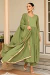 Shop_Pheeta_Green Mulmul Embroidery Fringe Lace V-neck Pintuck Yoke Anarkali And Pant Set _Online_at_Aza_Fashions