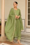 Buy_Pheeta_Green Mulmul Embroidery Fringe Lace V-neck Pintuck Yoke Anarkali And Pant Set 