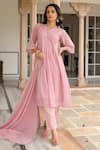 Buy_Pheeta_Pink Mulmul Embroidery Fringe Lace V-neck Gathered Anarkali And Pant Set _at_Aza_Fashions