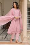 Buy_Pheeta_Pink Mulmul Embroidery Fringe Lace V-neck Gathered Anarkali And Pant Set _Online_at_Aza_Fashions