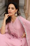 Pheeta_Pink Mulmul Embroidery Fringe Lace V-neck Gathered Anarkali And Pant Set _at_Aza_Fashions