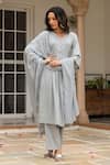 Buy_Pheeta_Grey Mulmul Embroidery Fringe Lace V-neck Gathered Solid Anarkali And Pant Set 