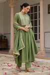 Shop_Pheeta_Green Mulmul Embroidery Fringe Lace Round Neck Gota Anarkali And Pant Set 