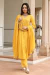 Buy_Pheeta_Yellow Mulmul Embroidery Fringe Lace V-neck Yoke Gathered Anarkali And Pant Set _at_Aza_Fashions