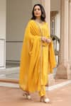 Shop_Pheeta_Yellow Mulmul Embroidery Fringe Lace V-neck Yoke Gathered Anarkali And Pant Set _Online_at_Aza_Fashions