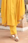 Pheeta_Yellow Mulmul Embroidery Fringe Lace V-neck Yoke Gathered Anarkali And Pant Set _at_Aza_Fashions