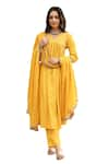 Buy_Pheeta_Yellow Mulmul Embroidery Fringe Lace V-neck Yoke Gathered Anarkali And Pant Set 