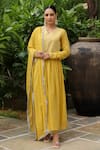 Buy_Pheeta_Yellow Mulmul Embroidery Fringe Lace V-neck Gathered Sleeve Anarkali And Pant Set _at_Aza_Fashions