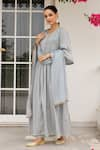 Pheeta_Grey Mulmul Embroidery Fringe Lace Round Neck Pintuck Kurta And Pant Set _at_Aza_Fashions