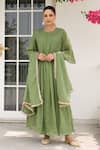 Buy_Pheeta_Green Mulmul Embroidery Fringe Lace Round Neck Solid Pintuck Kurta And Pant Set _at_Aza_Fashions