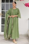 Shop_Pheeta_Green Mulmul Embroidery Fringe Lace Round Neck Solid Pintuck Kurta And Pant Set _Online_at_Aza_Fashions