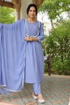 Shop_Pheeta_Blue Mulmul Embroidery Fringe Lace Notched Geometric Kurta And Pant Set _Online_at_Aza_Fashions