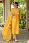 Buy_Pheeta_Yellow Mulmul Embroidery Fringe Lace Notched Yoke Kurta And Pant Set 