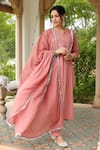 Pheeta_Pink Mulmul Embroidery Fringe Lace Notched Solid Yoke Kurta And Pant Set _at_Aza_Fashions