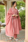 Buy_Pheeta_Pink Mulmul Embroidery Fringe Lace Notched Solid Yoke Kurta And Pant Set 