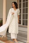 Buy_Pheeta_White Cotton Print Floral V-neck Gathered Kurta And Pant Set _at_Aza_Fashions
