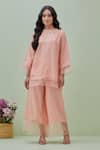 Buy_Grass & Sunshine_Pink Chanderi Embellished Sequin Trim Boat Neck Kurta With Flared Pant _at_Aza_Fashions