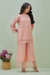 Shop_Grass & Sunshine_Pink Chanderi Embellished Sequin Trim Boat Neck Kurta With Flared Pant _Online_at_Aza_Fashions