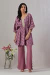 Buy_Grass & Sunshine_Purple Modal Satin Print Breezy Bloom V Neck Kurta With Bell Bottom Pant _at_Aza_Fashions